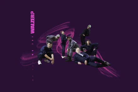 Fotomontage von 7 Personen, in lässigen Posen violettem Hintergrund mit pinken Pinselstrichen, Text am Bild: Wo ist Walzer?