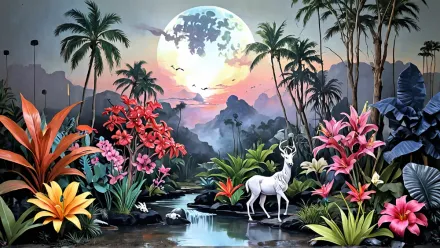 Landschaft mit übergroßen Blumen, weißem Hirsch, Fluss in der Mitte, Mondaufgang