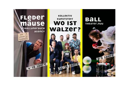 3 Fotos mit Menschen, bei jedem Foto eine Überschrift: "Fledermäuse", "Wo ist Walzer?", "Ball"
