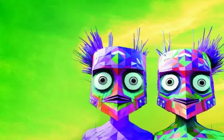 Grüner Hintergrund, zwei bunte, freundlich blickende Figuren mit maskenhaften Gesichtern