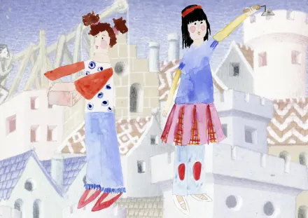 Illustration: 2 weiblich gelesene Figuren , die eine mit einem Ziegelstein, die andere mit Maurerkelle in der Hand, im Hintergrund eine mittelalterliche Stadt