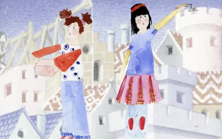 Illustration Aquarell/Wasserfarben, Hintergrund in pastell, mittelalterliche Architekturelemente, davor zwei Frauenfiguren in moderner Kleidung, eine hält einen Ziegelstein, eine eine Maurerkelle