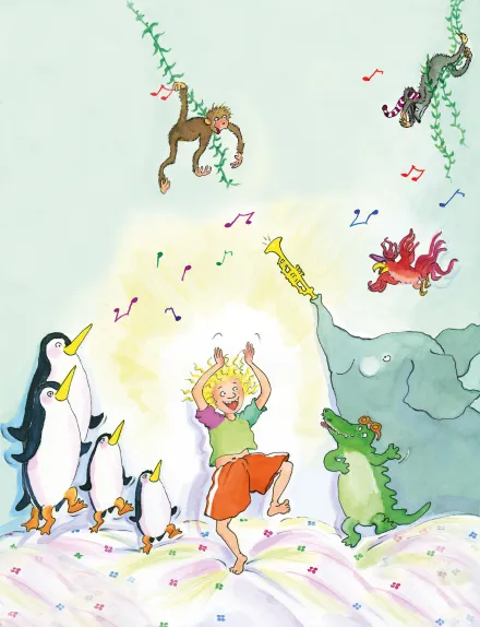 Kind tanzt fröhlich zwischen singenden Pinguinen, einem Elefanten mit Trompete, einem Krokodil mit Brille, einem Affen und einem Kranich, umgeben von bunten Noten