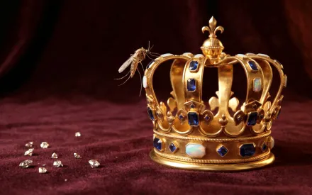 Eine goldene Krone mit blauen und weißen Edelsteinen liegt auf einem weinroten Samtstoff. Auf der linken Seite der Krone sitzt eine Mücke. Daneben sind mehrere lose Diamanten auf dem Stoff verteilt.