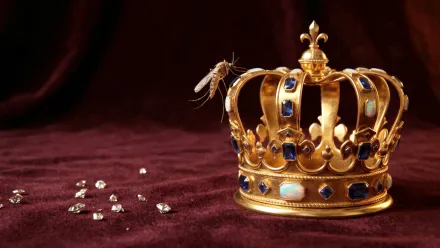 Eine goldene Krone mit blauen und weißen Edelsteinen liegt auf einem weinroten Samtstoff. Auf der linken Seite der Krone sitzt eine Mücke. Daneben sind mehrere lose Diamanten auf dem Stoff verteilt.