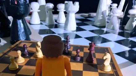 Im Hintergrund ein großes Schachbrett mit Figuren, im Vordergrund ein kleineres Schachbrett mit Figuren, beides aus Holz, davor steht eine Playmobil-Figur, den Schachfeldern zugewandt, de*r*m Betrachter*in den Rücken zugewandt