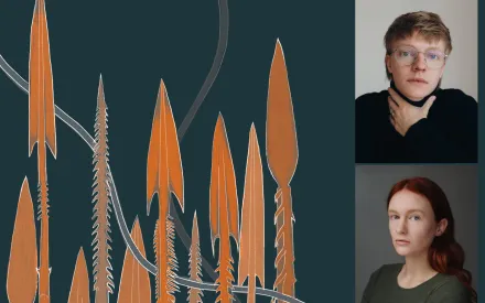 Mehrere stilisierte Harpunenspitzen mit gezackten Kanten sind in einer grafischen Darstellung vor dunklem Hintergrund angeordnet. Rechts daneben befinden sich zwei Porträtaufnahmen von Personen vor neutralem Hintergrund.