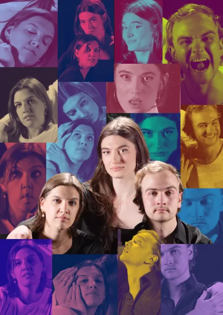 Collage aus mehreren Porträts von Personen mit unterschiedlichen Frisuren und Oberteilen, vor farbigen Hintergründen