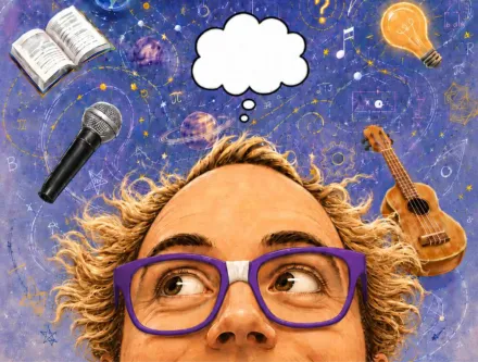 Ein Gesicht, das man ab knapp unterhalb der Nase sieht. Hat eine lila Brille auf und sieht nach oben. über dem Kopf eine gezeichnete Gedankenblase, im Hintergrund gezeichnete Gegenstände: Buch, Mikrofon, GLühbirne, Gitarre