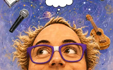 Ein Gesicht, das man ab knapp unterhalb der Nase sieht. Hat eine lila Brille auf und sieht nach oben. über dem Kopf eine gezeichnete Gedankenblase, im Hintergrund gezeichnete Gegenstände: Buch, Mikrofon, GLühbirne, Gitarre