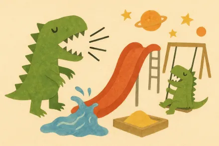 Illustration mit einem großen und einem kleinen grünen Dinosaurier, in der Mitte eine rote Wasserrutsche und eine Sandkiste, darüber Sterne und Planeten. Der kleine Dinosaurier sitzt auf einer Schaukel