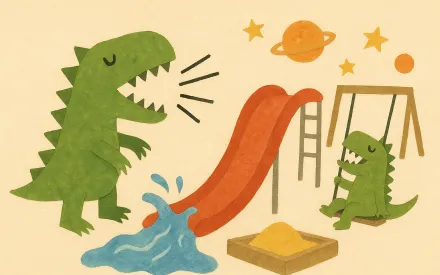Illustration mit einem großen und einem kleinen grünen Dinosaurier, in der Mitte eine rote Wasserrutsche und eine Sandkiste, darüber Sterne und Planeten. Der kleine Dinosaurier sitzt auf einer Schaukel